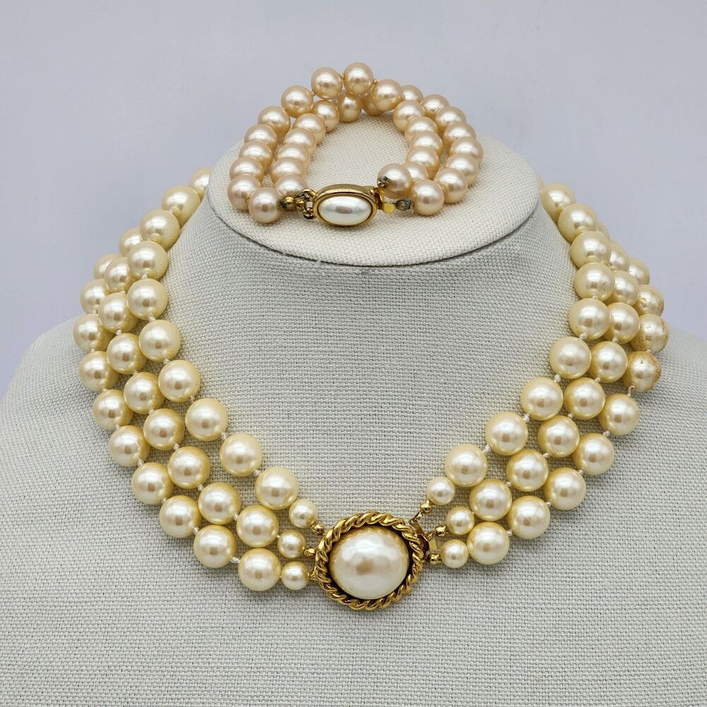 Carolee Vintage Multi-Strand Faux Pearl Necklace Bracelet 2 Pc Set Gold